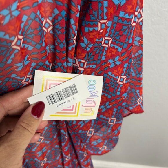 LuLaRoe Monroe Kimono Large Bohemian Chiffon Fringe Red White Blue New With Tags - Picture 2 of 5